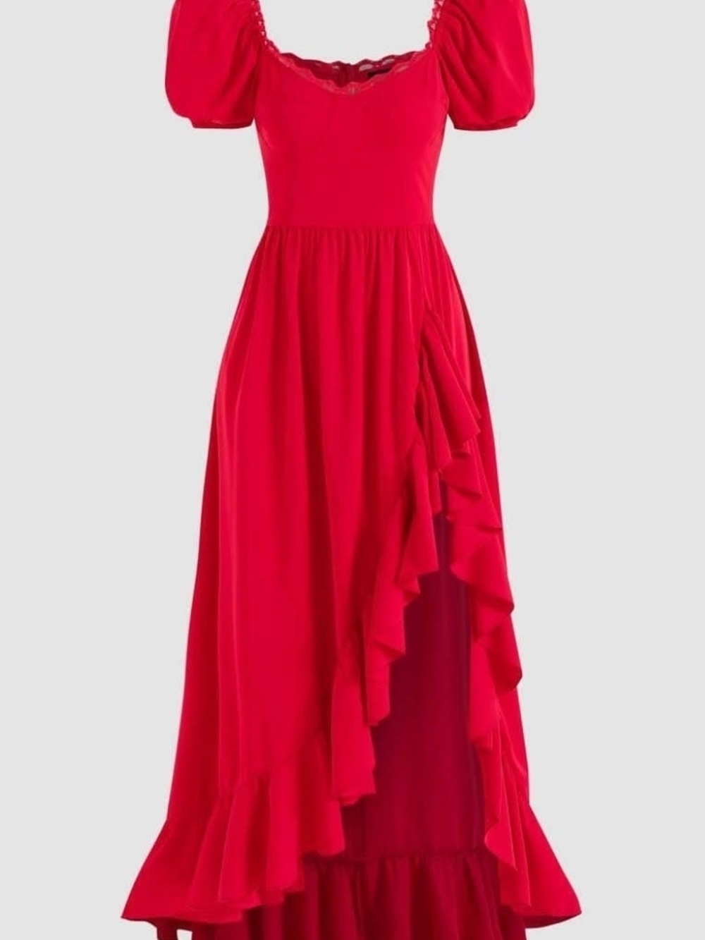 Cider Red Puff-Sleeve High-Low Ruffle Maxi Dress